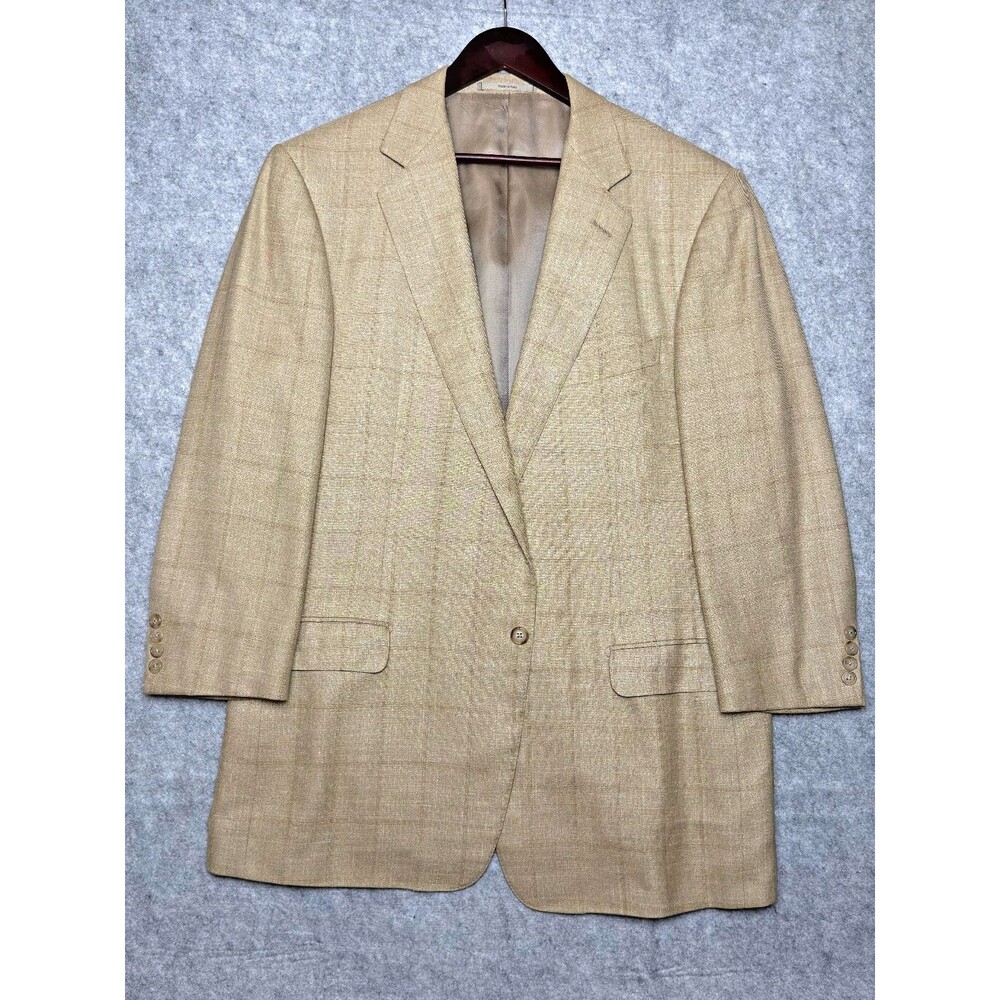 Ermenegildo Zegna 46R Wool Silk Linen Beige Windowpane Blazer Sport Coat Italy